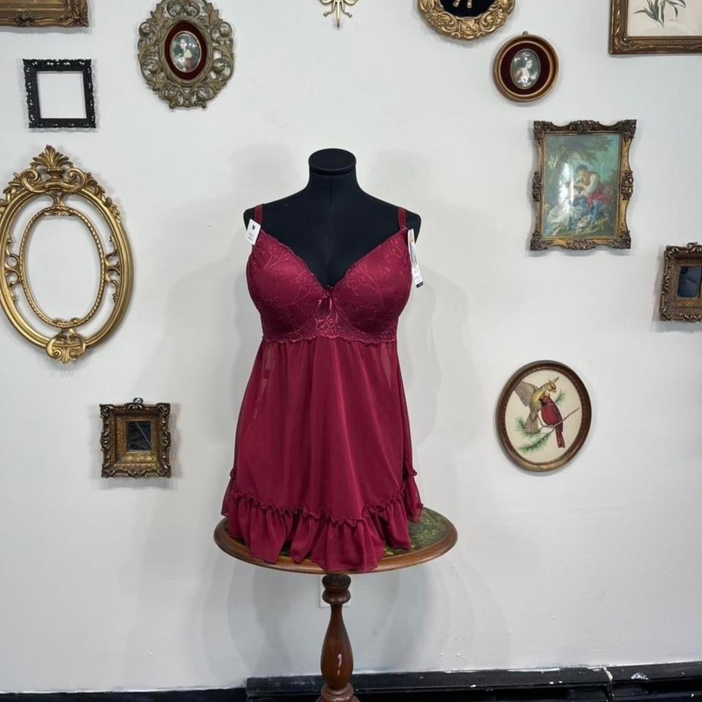 Rene Rofé Burgundy Lace Chemise & Panty Set – Plus Size 1X Lingerie